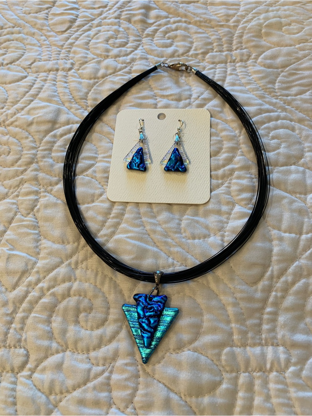 Handmade Blue Iridescent Triangle Pendant Necklace and Earring Set